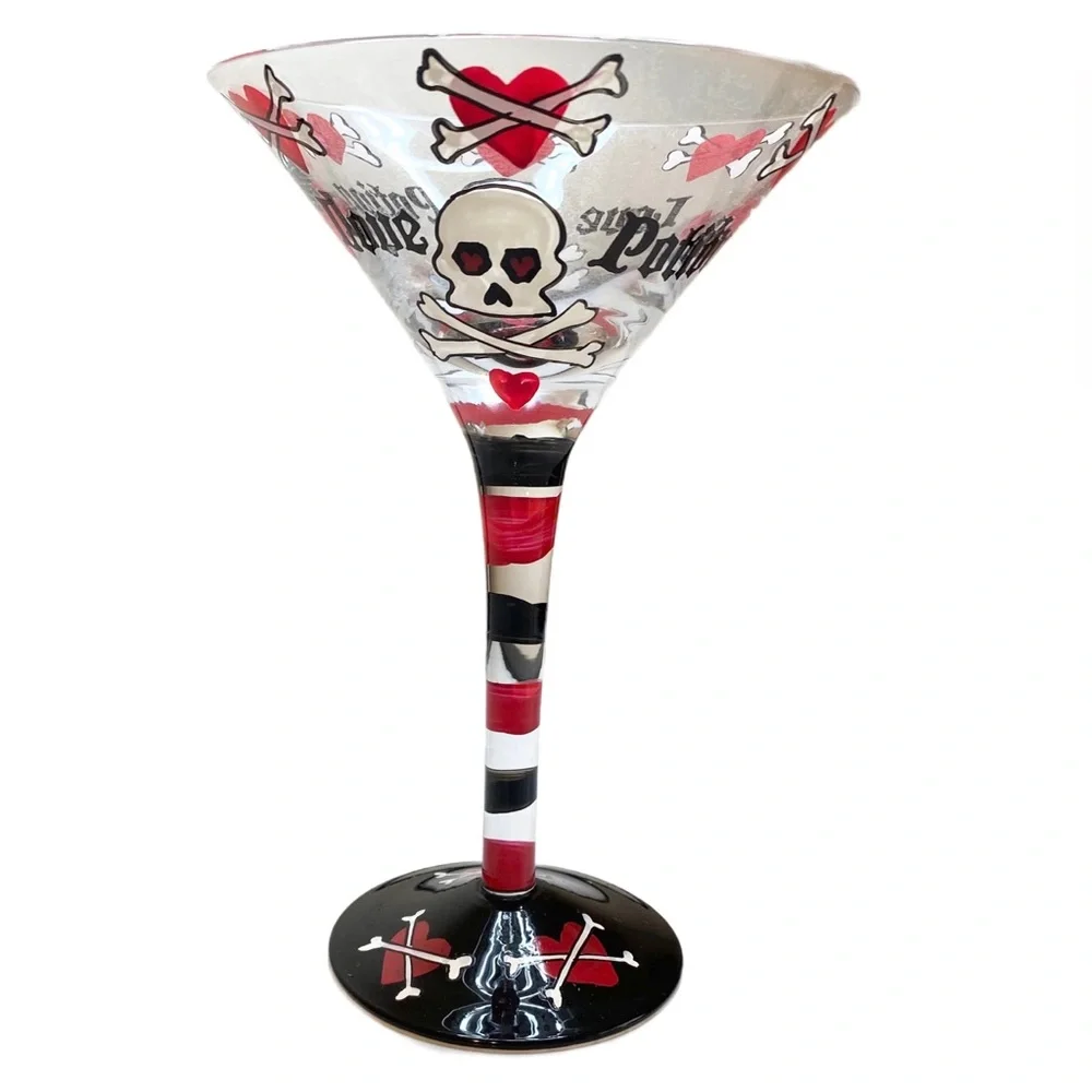 NIB Top Shelf Love Potion Hand Painted Skull & Crossbones Martini Glass
